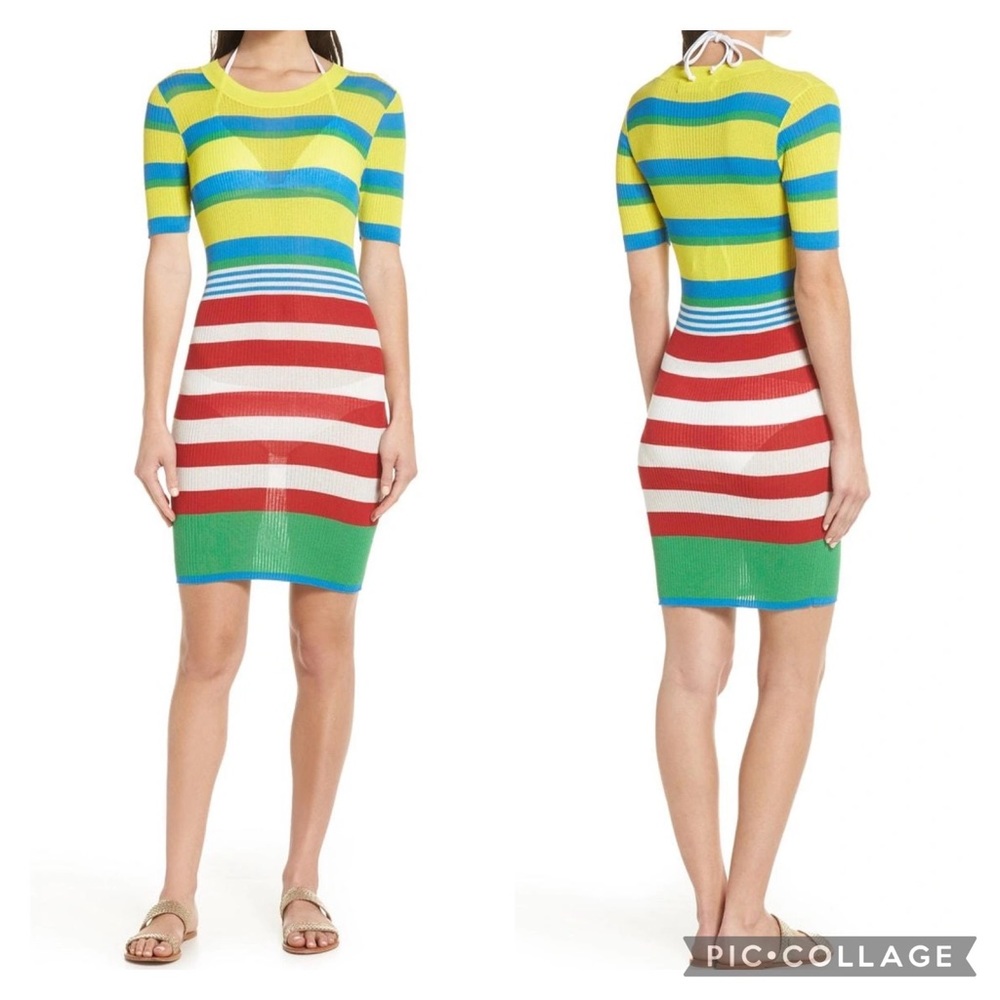 Diane von Furstenberg DVF West Rainbow Striped Elbow-Sleeve Coverup Sweaterdress